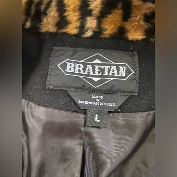 Vintage 90s Braetan leopard print black wool fitted tie waist coat, size large - Picture 4 of 15